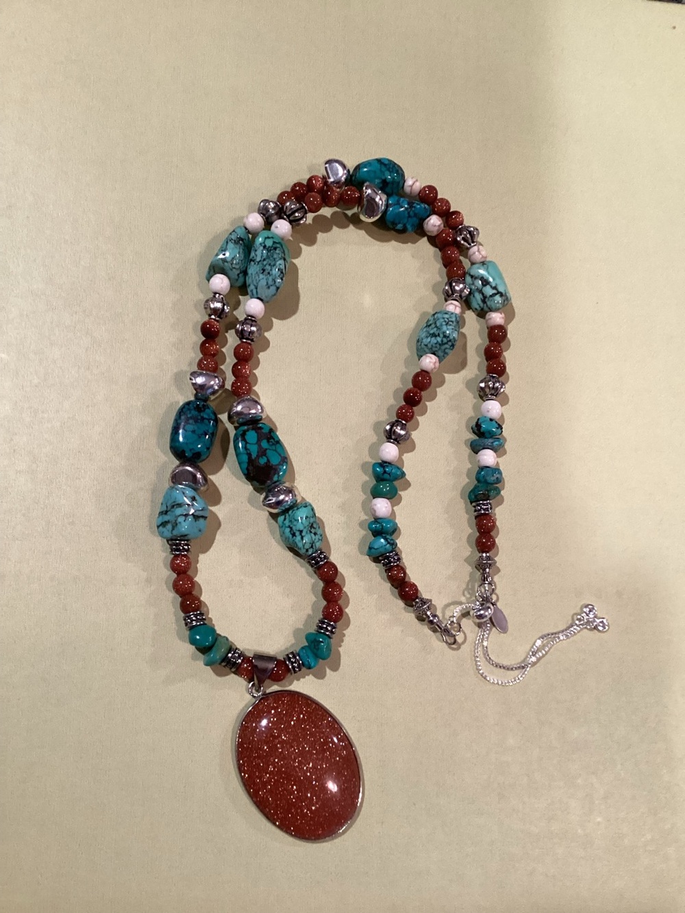Artisan Crafted Goldstone Pendant Necklace with Turquoise, white, goldstone bead